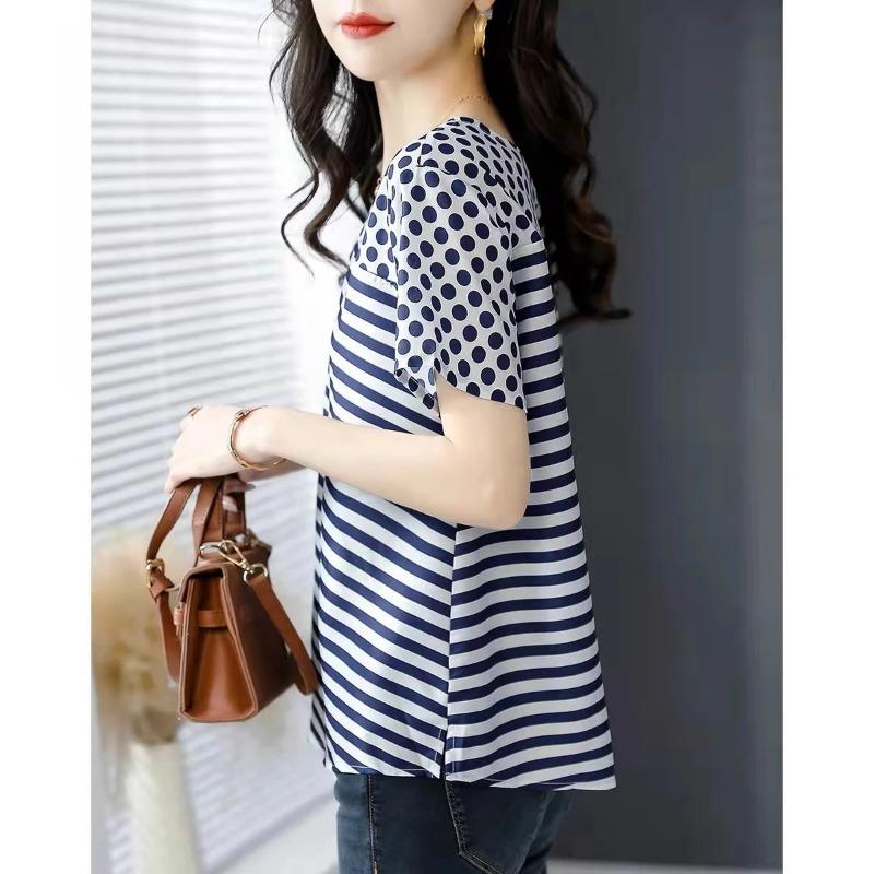 Short-sleeved T-shirt Women's New Summer Top Fashionable Elegant and Fresh Age-reducing Splicing Striped Printed Chiffon Shirt