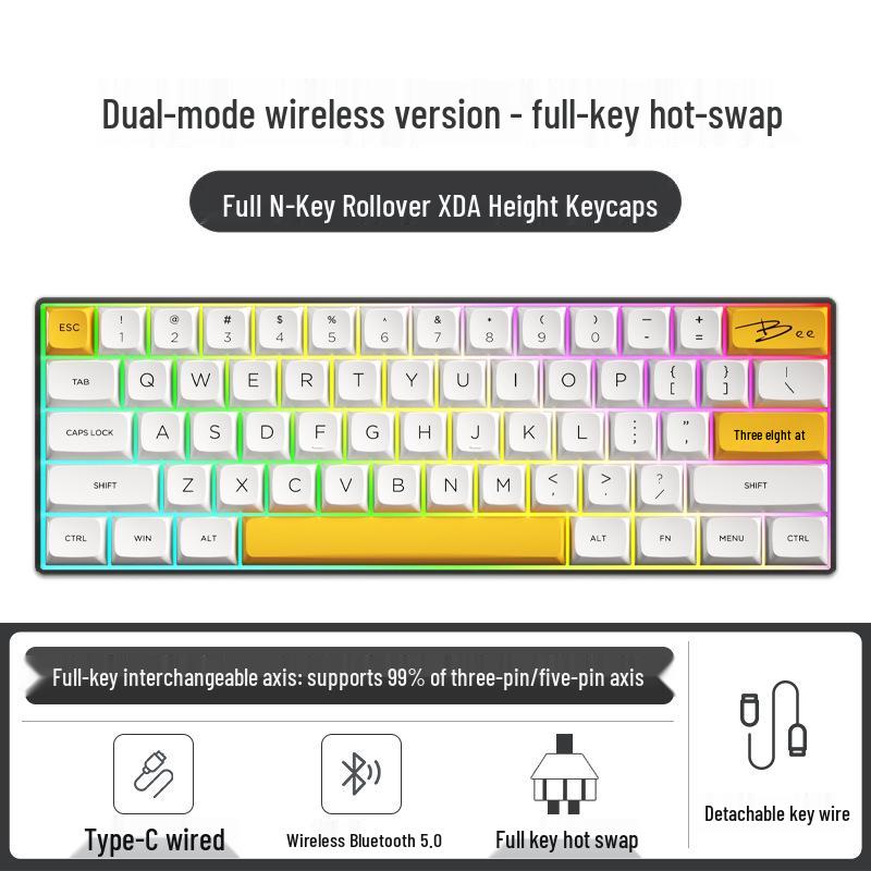 Dual-Mode 61-Key Wireless/Wired Mechanical Keyboard - Compact, Portable, Silent Gaming/Office Design for Girls