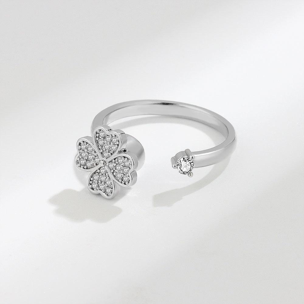 Four Leaf Clover Adjustable Ring Jewelry With Platinum Or Gold Finish For Women