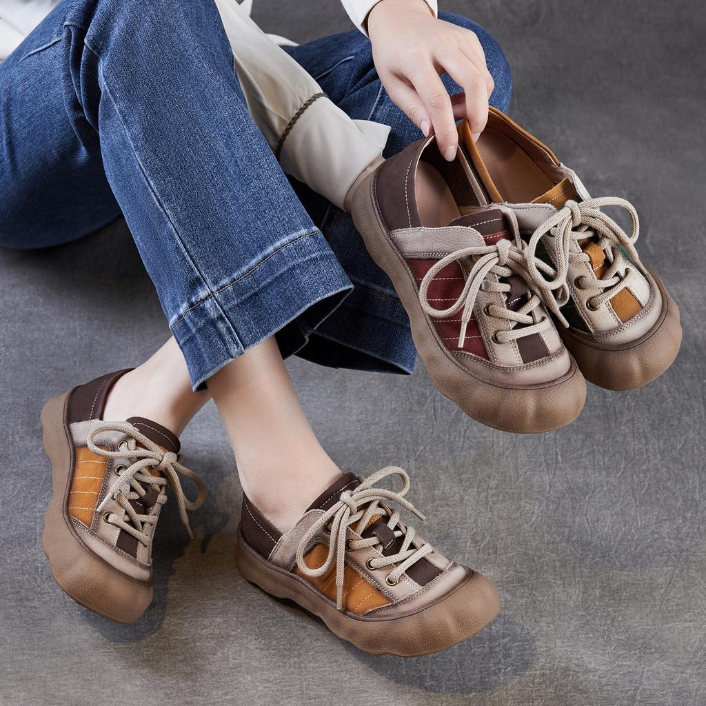 Johnature Genuine Leather Mixed Colors Casual Shoes Versatile Soft Soled Lace-up Flat Women's Shoes