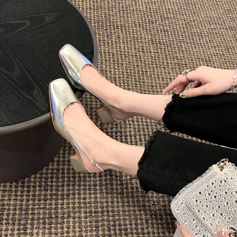 Cowhide version bag head sandals female 2025 new fairy style gentle square head leather medium high heel thick heel empty single shoes