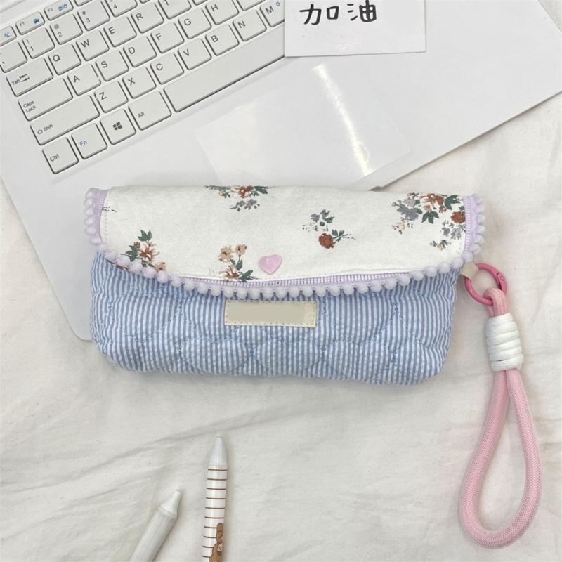Flower Print Pen Bag with Lanyard Large Capacity Pencil Case Pen Organizers Pencil Pouches Travel Makeup Bag for Women