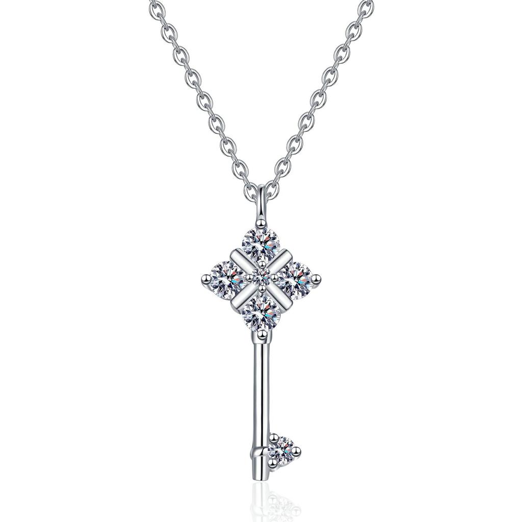 S925 Sterling Silver Key Pendant Necklace with Moissanite: Elegant, Simple, Trendy Everyday Jewelry for Women