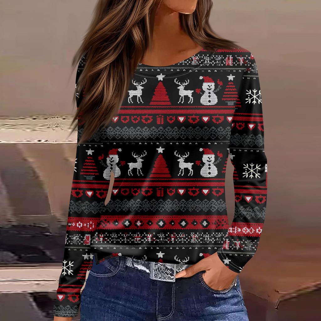 Women's Fashion Hem Slit Casual Christmas Printed Round Neck Long Sleeve Top