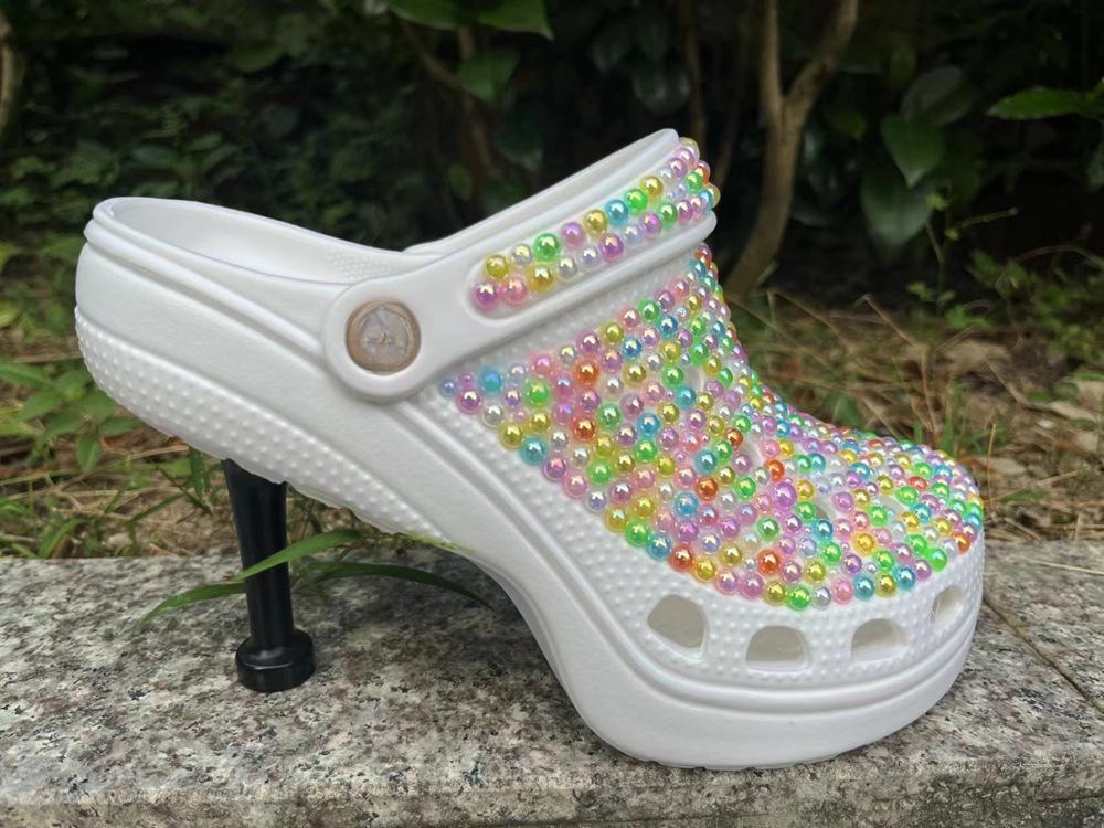 Fashion Designer High Heel Rhinestone Hollow Hole Hole Shoes Pearl Colored Diamond Fashionable Lazy Slippers Green Size 41 Women's Shoes