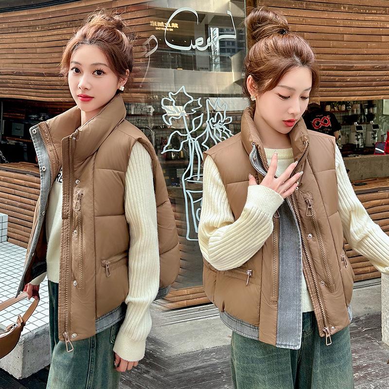 Contrast color down cotton vest women's short stand-up collar autumn and winter new versatile cotton-padded vest vest vest jacket