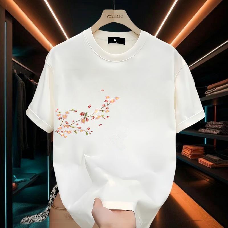 

Весна/Лето 2025 Уличная одежда в китайском стиле: Мужская футболка с коротким рукавом с принтом цветущей сливы 4XL белый