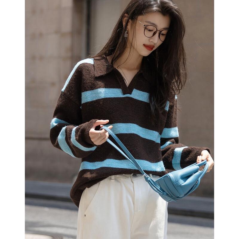 Demana Women's Retro Striped Color Block Turn-Down Collar Sweater