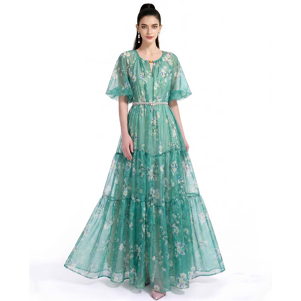 Summer Holiday Vacation Flower Print Long Maxi Dress Bohemian O-neck Short Sleeve High Waisted Chiffon Party Dresses Casual Robe