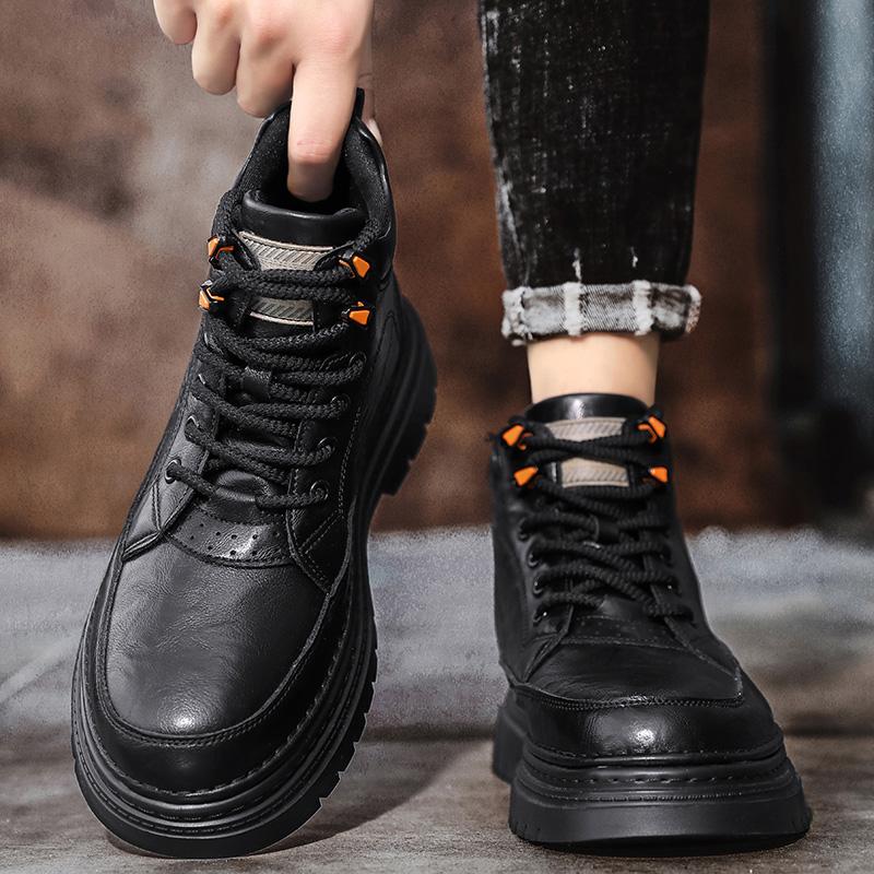 Fashion Autumn Winter Men's Boots Thick Sole and High-quality Minimalist Style Fashion Street Height Increasing High Top Leather Shoes