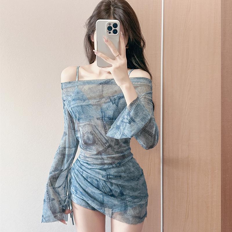 

Женский корейский купальник-тройка 2025 года: Раздельный дизайн, Сексуальная блузка, Стройнящая, Консервативная для горячих источников M (95-105 jin) синий