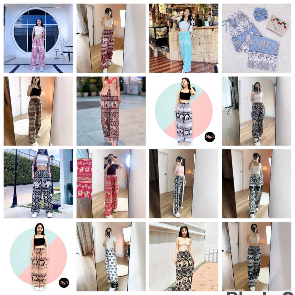 Elephant Pants Women Men Unisex Premium Japanese Silk Print Thailand Casual Streetwear Beach Bohemian Retro Vintage Adjustable Rope Loose Legs