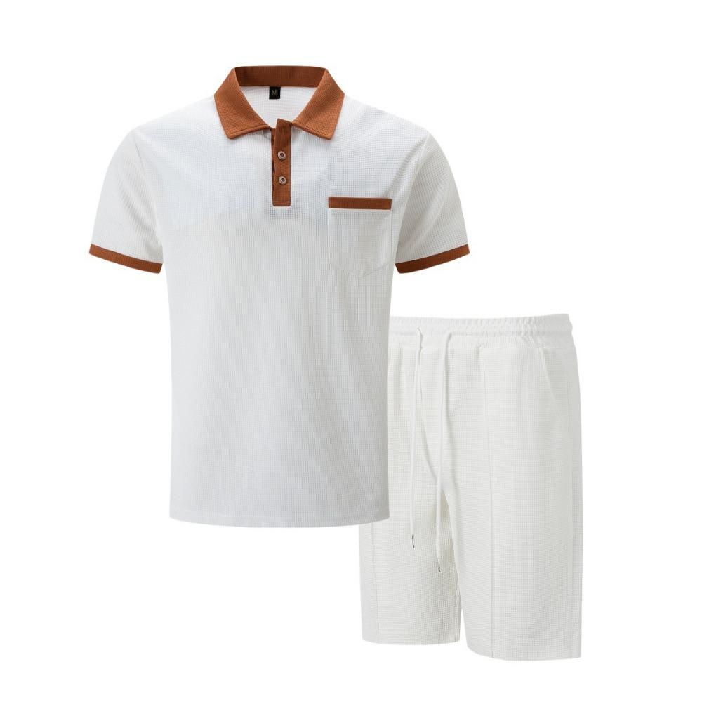 Men's Waffle Collar Color Blocked Short Sleeved Shorts Set