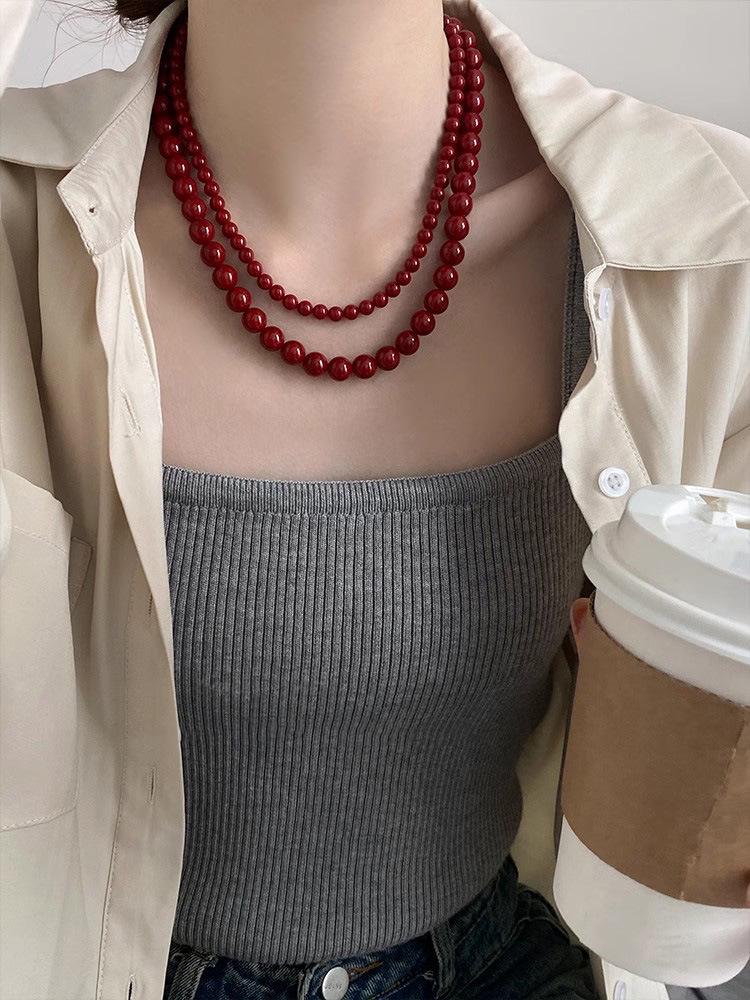 S925 Sterling Silver Encore Red Simulated Pearl Necklace for Women - Festive Autumn/Winter Sweater Chain