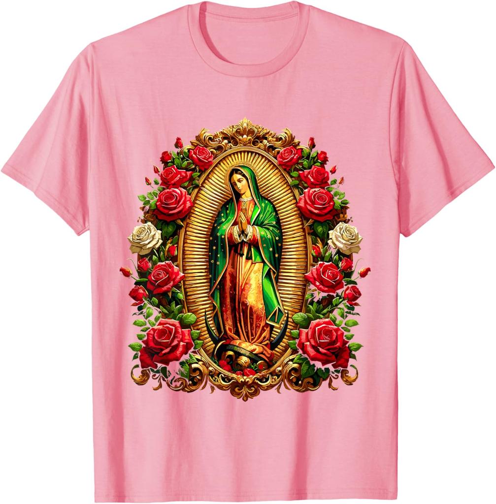 Virgen De Guadalupe Religious Graphic Tee Men Casual Cotton Rose Print T-Shirt