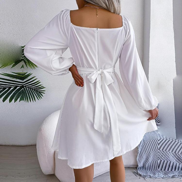 Women Summer Dress High Waist Swing Solid Color Square Neck Wood Edge Spring Fashion Big Flowy