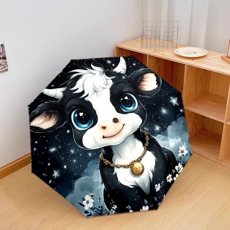 1 Stück Automatischer Faltregenschirm - Niedliches Kuhmuster, Tragbares & Faltbares Design mit 8 Speichen, Weihnachts-Geburtstagsgeschenke
