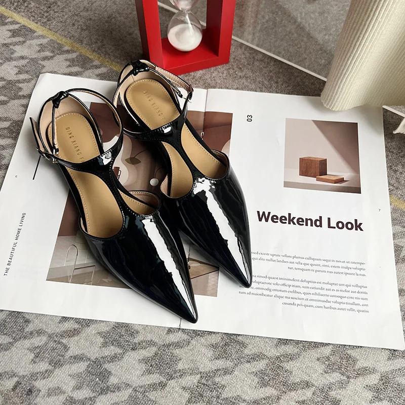 2024 Summer New Fashion Patent Leather Women Shoes Casual Flat Heel Pointed Toe Buckle Strap Mules Dress Sandals Slides