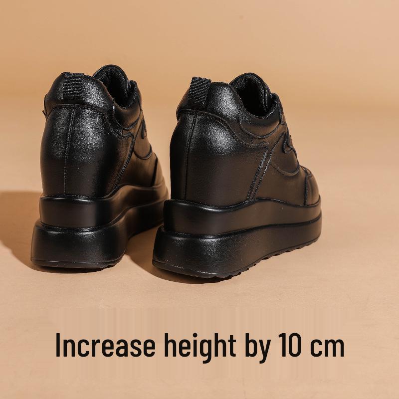 Women's White Genuine Leather Platform Shoes - 10cm Height Increase, Thick Sole, Versatile for All Seasons