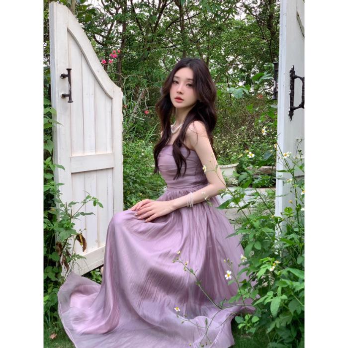 Purple Suspender Dress: Women's 2024 Summer Fairy Style, Solid Color, Waist-Slimming, Long Vacation Dress