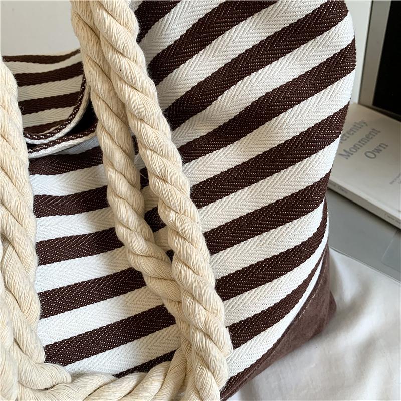 Striped Tote Bag Rope Handle Casual Beach Shoulder Purse Large Capacity