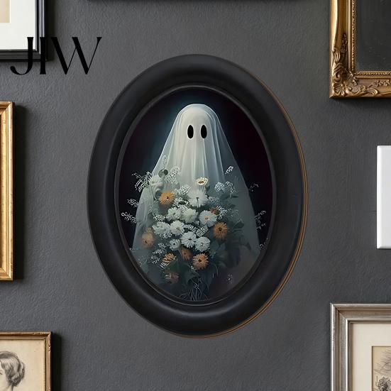 Unique Housewarming Gifts Halloween Wooden Door Hanging Sign, Oval Gothic Black Cat Ghost Wall Plaque, Retro Decoration Waterproof Decor Art