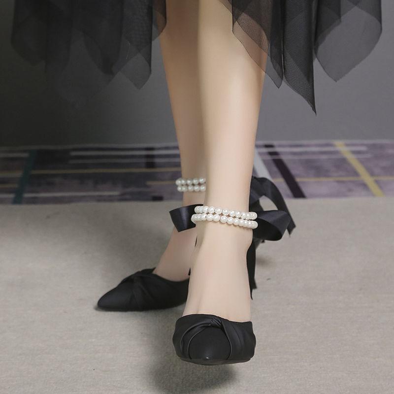 High heels bow sandals 2025 summer new temperament French thin beaded middle heel pointed white single shoes