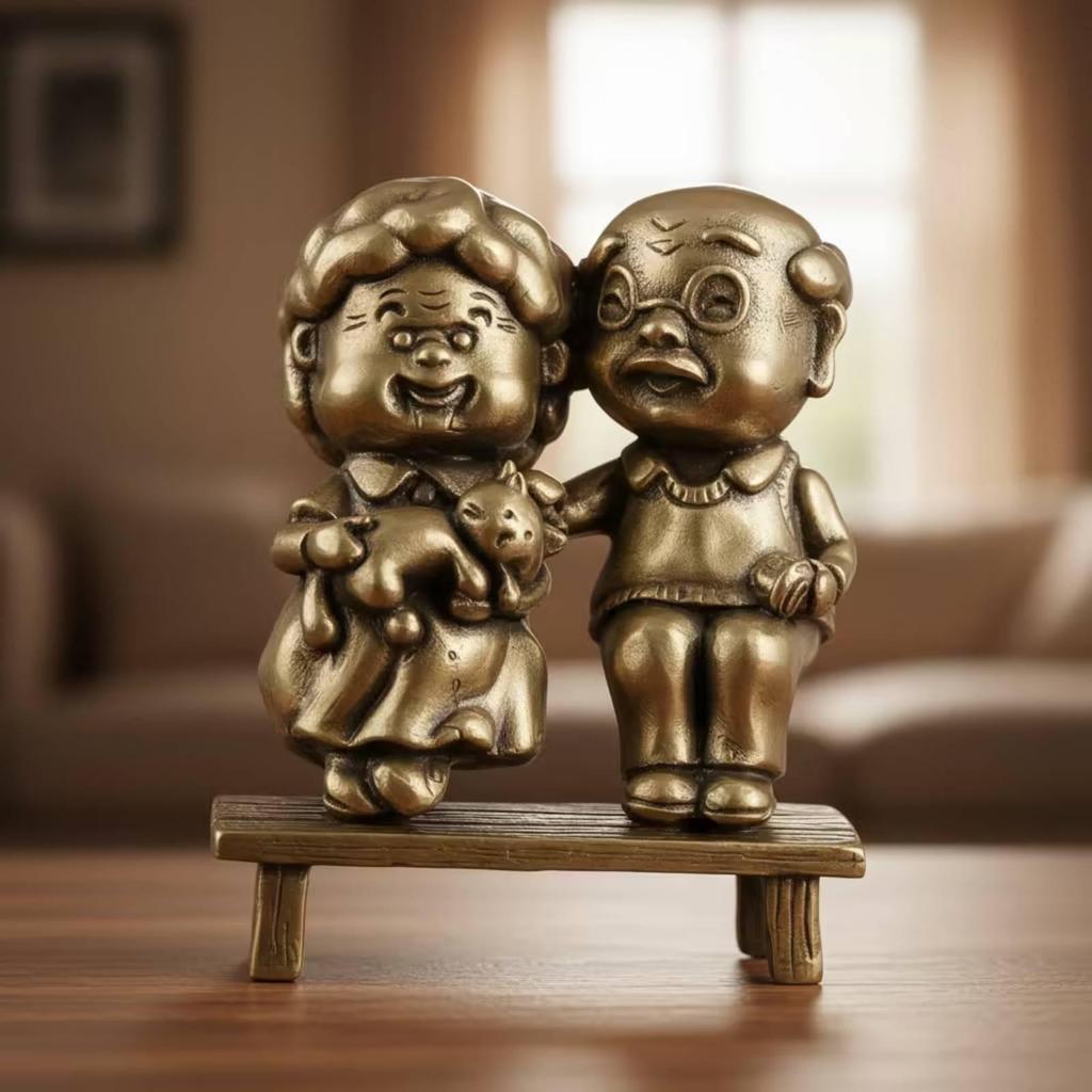 Elderly Couple Statue Brass Figurine with Bench MetalFinish for Couples, Desk