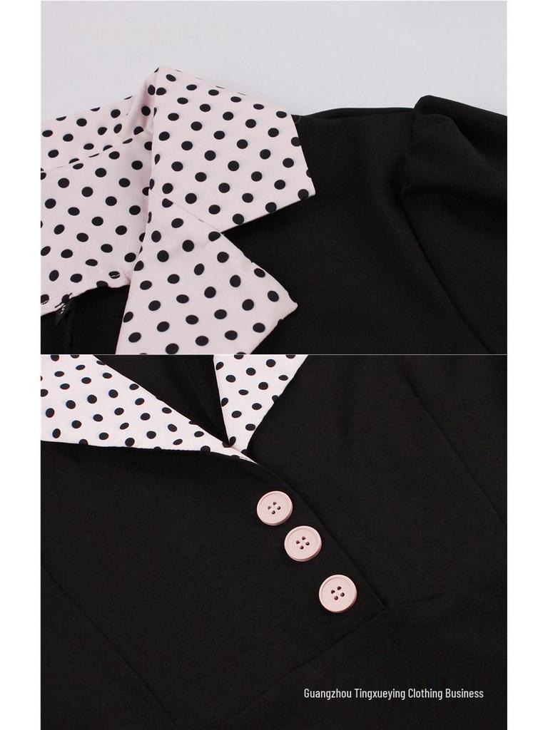 Stippen Revers Korte Mouwen Met Riem Afslankende Jurk voor Dames - Lente/Zomer Mode