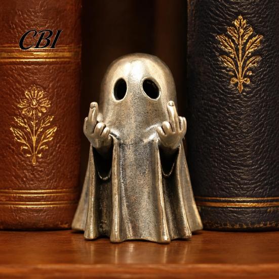 Niche Trendy Desk Accessory Halloween Ghost Brass Figurine, Funny Middle Finger Ornament for Compact Display Cabinet Table Shelf Mantel Home