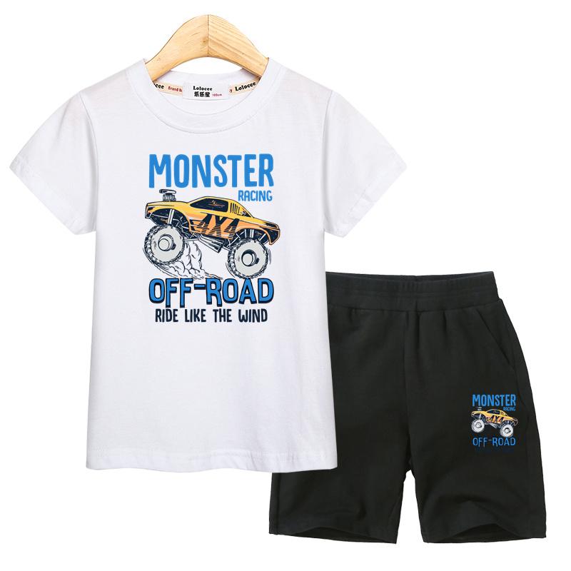 Set Abbigliamento Estivo per Bambini Camicia Monster Truck Pantaloncini Sportivi Costumi a Manica Corta per Bambini Outfit 2 Pezzi