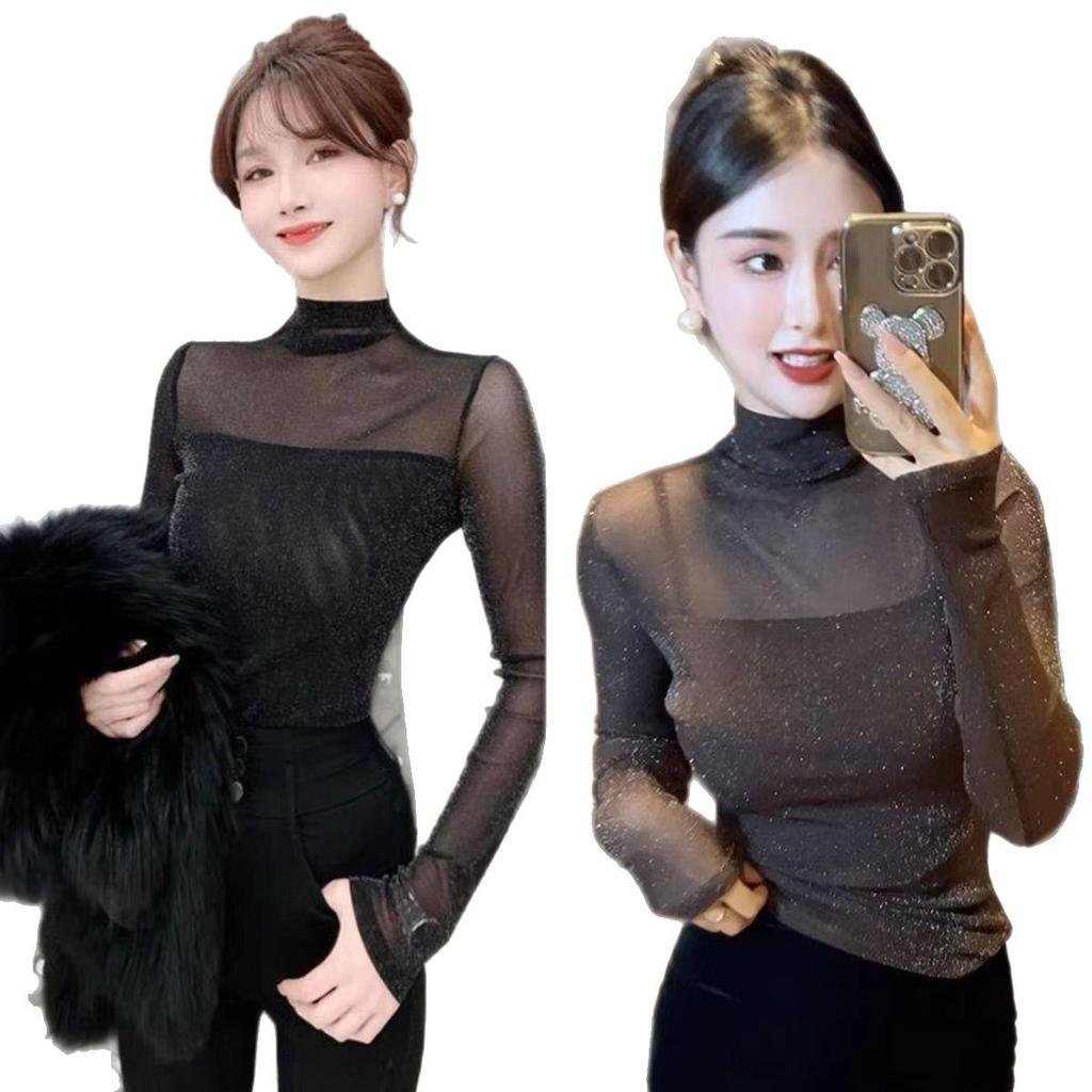 2025 Korean Style Black High Neck Mesh Slimming Long Sleeve Women's Top