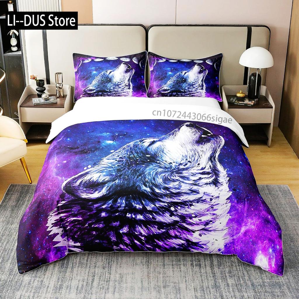 Galaxy Wolf Duvet Cover Set Full Size Bedding Set for Boys Girls Wolf Head Printed Duvet Cove Set 1 Quilt Cover 2 Pillowcases