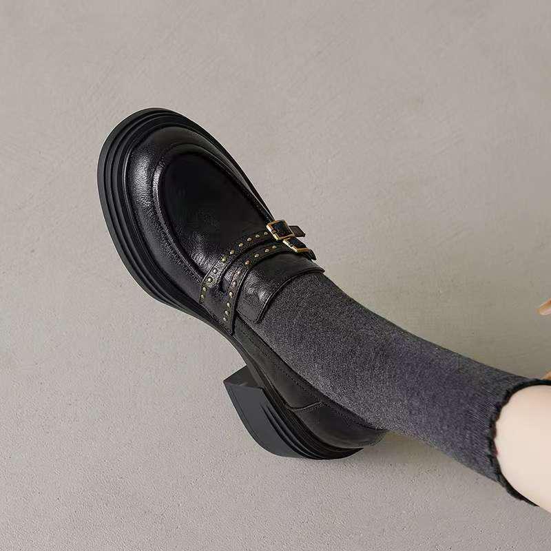 Women's 2025 Autumn/Winter Chunky Heel Genuine Leather Loafers - Thick-Soled Petite Versatile Shoes