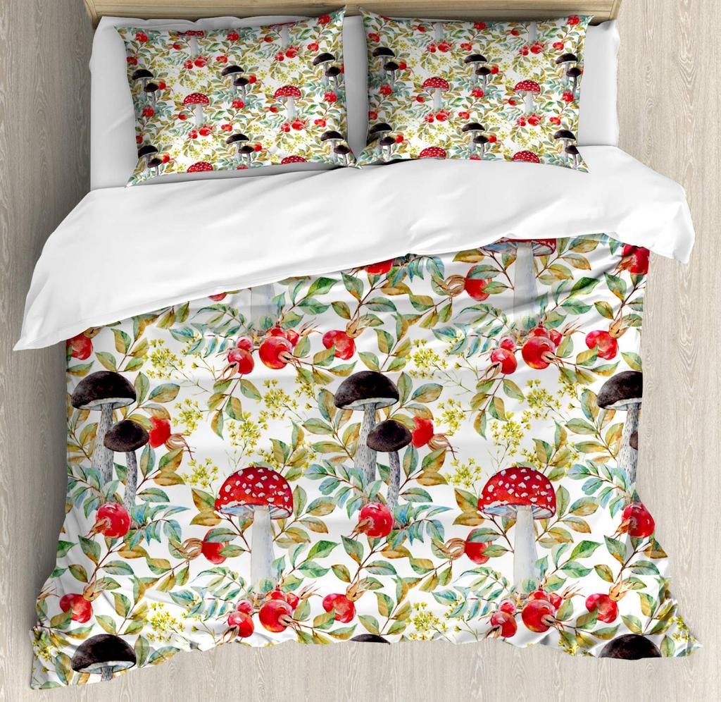 Mushroom Duvet Cover Colorful Gold Pattern Cartoon Plant Beddings for Teen Boys Girls Kids,Queen/King Microfiber Comforter Cover
