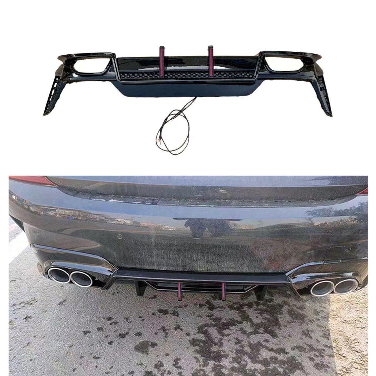 

BMW 3 Series G20/G28 2023+ Rear Diffuser with Dual Line Vertical Strip Lights and Tail Lip. Gloss Black