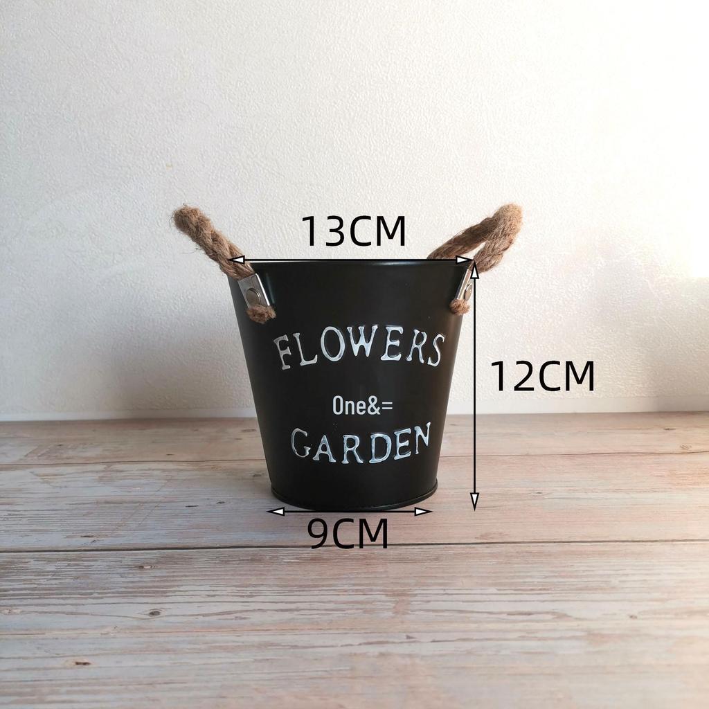 Tin Flower Pot with Hemp Rope Succulent Holder - European Pastoral Wrought Iron Bucket