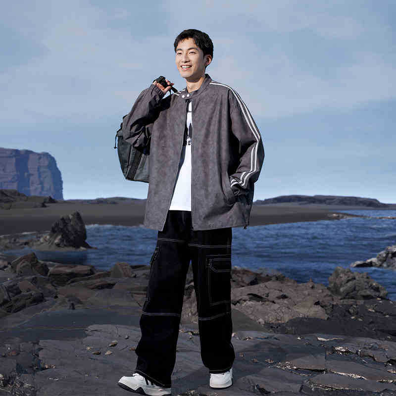 Retro Gestreifte Stehkragenjacke für Herren Frühling und Herbst Dünne Lässige Frühherbst Sportjacke