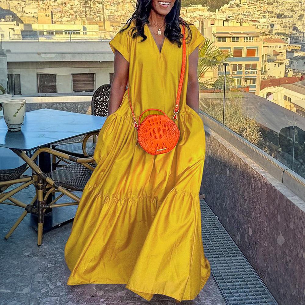 

Women s Flowy Long Sleeve Maxi Dress in Black, Orange & Yellow, Casual Beach Dress with Side Slit XXL жовтий