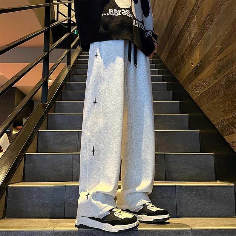 Men's Stylish Hong Kong Summer Outfit: Star Print Short Sleeve Top & Straight Leg Long Pants with Hat