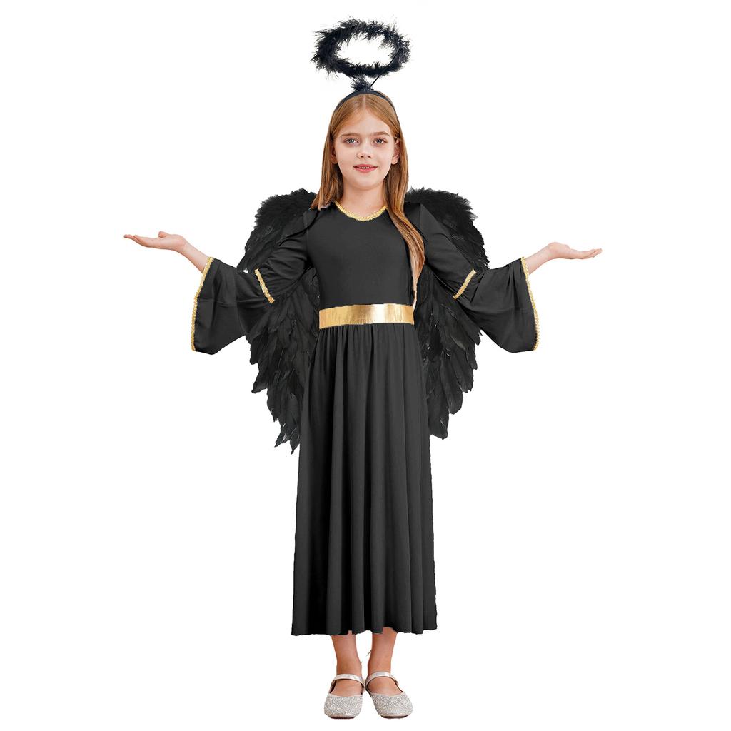 Girls 3 Piece Angel Costume Long Sleeve Gold Trim Gown Feather Hairband Angel Wings Dress Up Performance Outfit