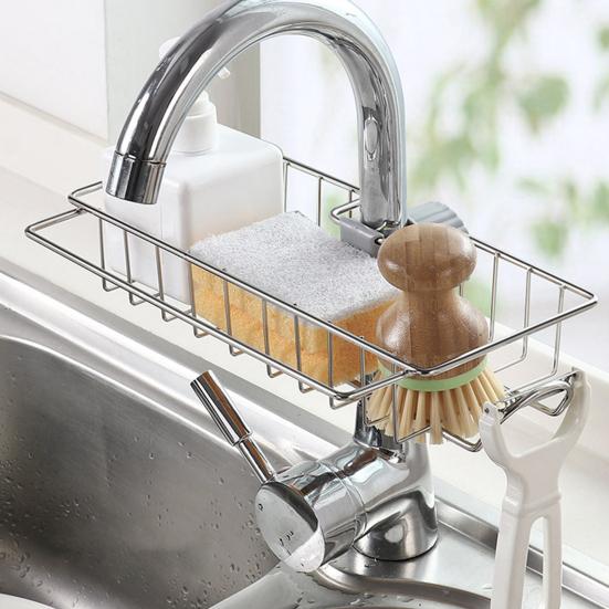 2Pcs Faucet Storage Rack Sink Sponge Holder Rustproof Corrosion Resistant Hollow Design Adjustable Detachable Sponge Holder Sink Organizer