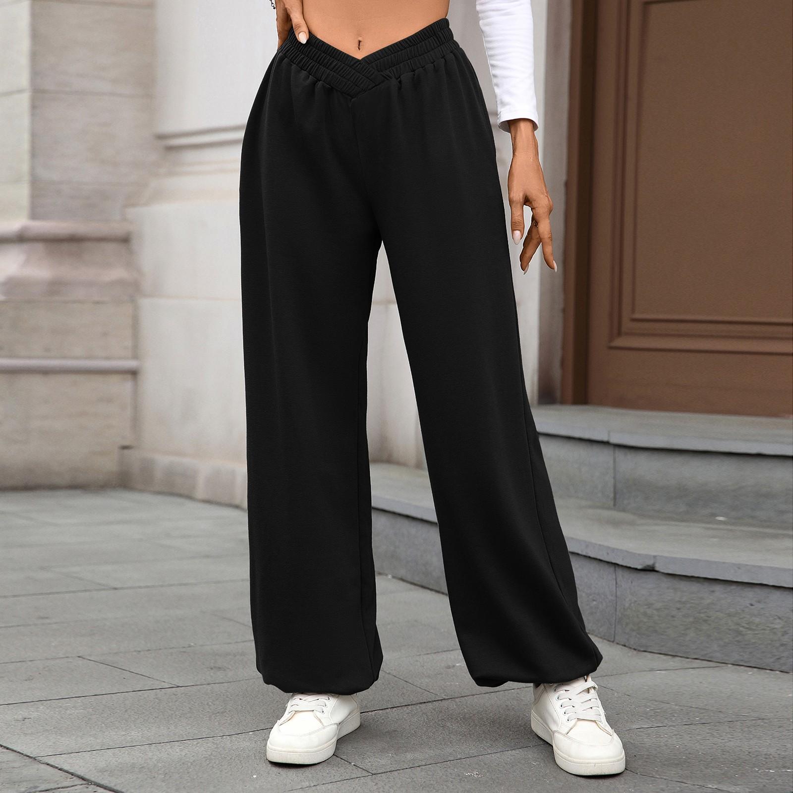 

Women s Casual Fashion Elastic Waist Pocket Cuff Loose Solid Color Trousers XXL чёрный