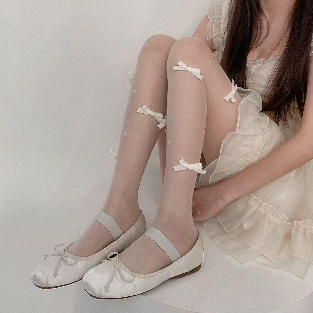Spring And Summer Cut Niche Sweet Girls, Pure Milk, White Pearls, Handmade Powder, Flocked Bows, Lolita Pantyhose