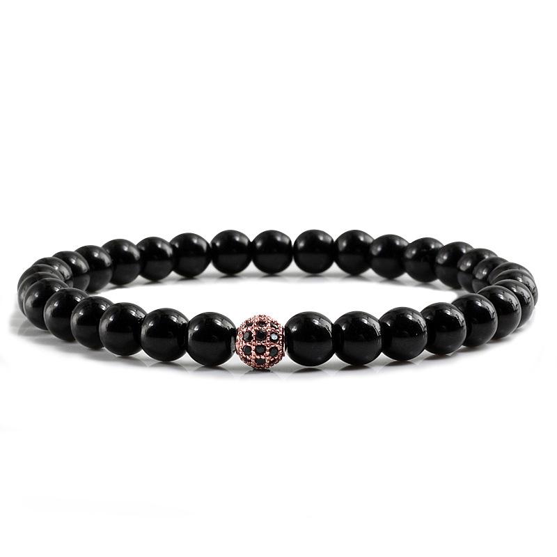 Black Frosted Copper Bead Bracelet with Micro-Inlaid Black Diamond and White Porcelain, Elastic Rope Jewelry for Men and Women.