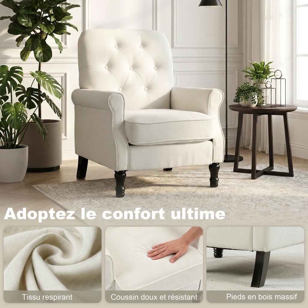 Lounge Chair, 1-Seater Sofa, Padded Seat, Spring Cushion, Linen, 69 x 75 x 90 cm, Cream