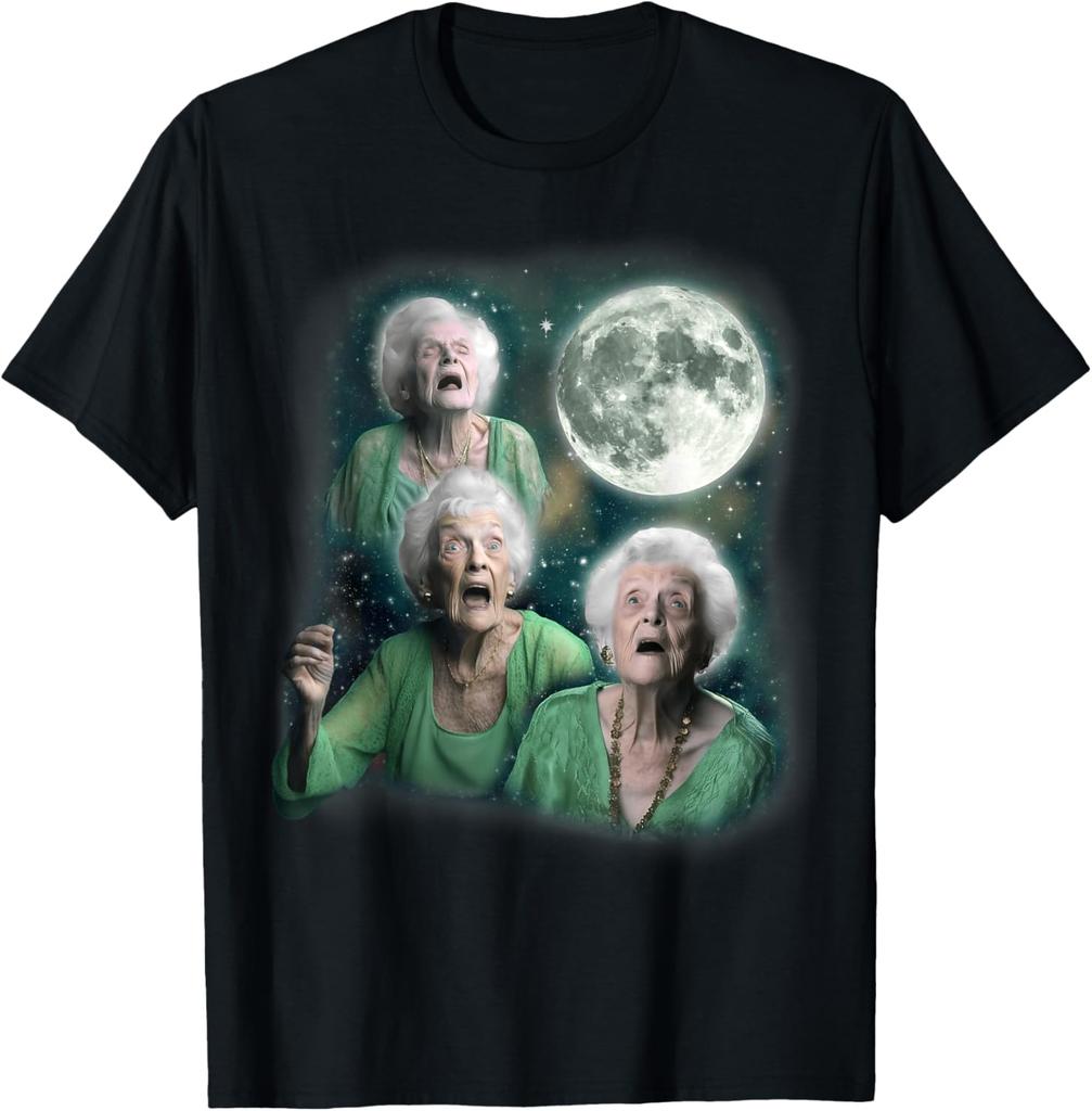Three Granny Moon 3 Old Ladys Howling Weird Cursed Meme TShirt