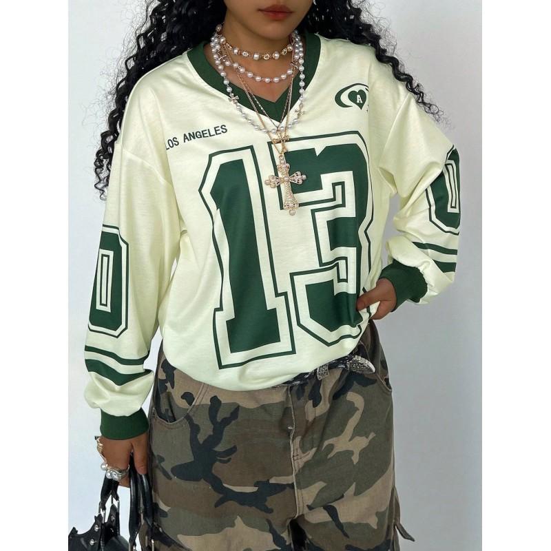 Womens Oversized Long Sleeve V-Neck Sweatshirt With Contrast Letter Print Casual Fall Top