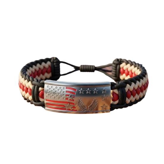 Patriotic American Flag Bracelet Engraved Metal Centerpiece Adjustable Knot Design Wristband Patriotic Accessory
