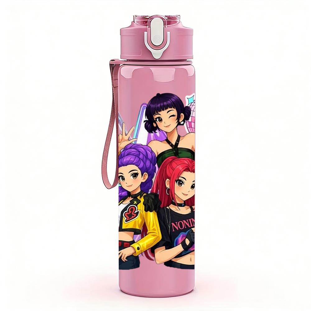 1PC Purple Hair Girls Group Art 750ml Color Plastic Sports Water Bottle Leakproof Flip Straw Lid Suitable for Sports Office Home Use